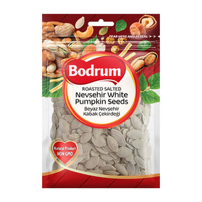 Packaging of Bodrum roasted salted Neveshir white pumpkin seeds on a white background