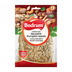 Packaging of Bodrum Unsalted Nevşehir Pumpkin Seeds on a white background