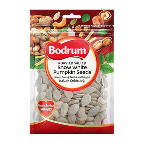 Packaging of Bodrum roasted salted snow white pumpkin seeds on a white background