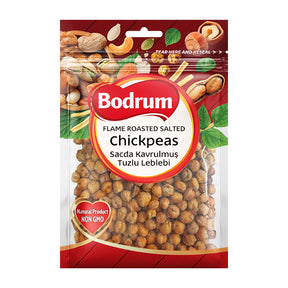 Packaging of Bodrum flame roasted salted chickpeas with a red label.
