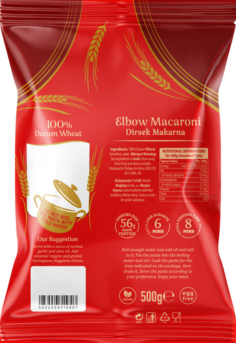 Red package of elbow macaroni with wheat design and text on a white background