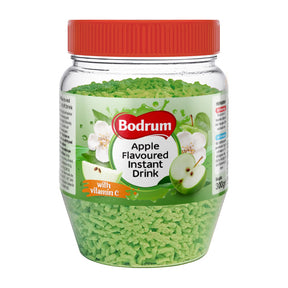 Jar of Bodrum apple-flavored instant drink with a red lid on a white background