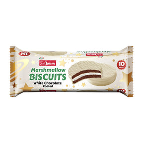 220g pack of Sultanim White Chocolate Coated Marshmallow Biscuits, creamy sweet cookies