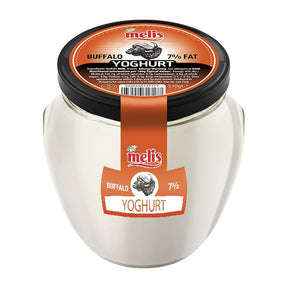 Jar of melis buffalo yoghurt with black lid on a white background