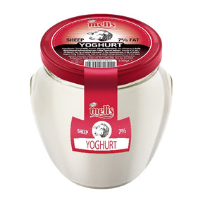 Jar of melis sheep yoghurt with red lid on a white background