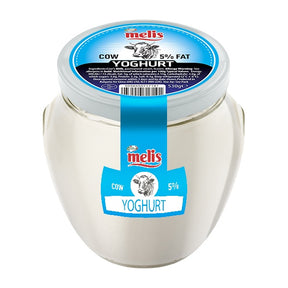 Jar of melis cow yoghurt with blue label on a white background