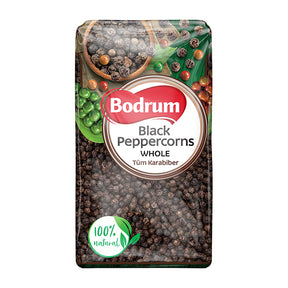 Packaging of Bodrum Black Peppercorns on a white background