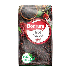 Bodrum Isot Pepper packaging with a black background and visible branding.