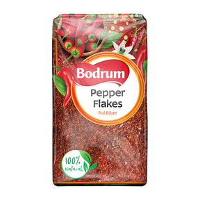 Packaging of Bodrum Pepper Flakes with visible branding and product details on a white background.