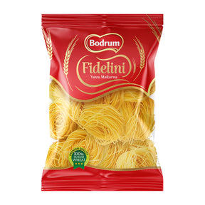 Bag of Bodrum Fidelini pasta with red packaging on a white background