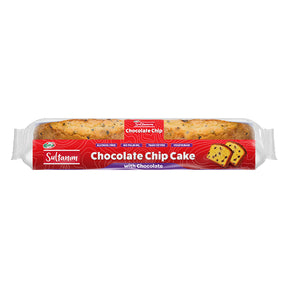 Packaged chocolate chip cake with red label on a white background