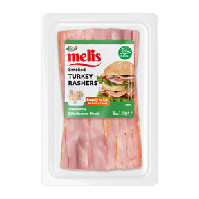 Packaged smoked turkey rashers with Melis branding on a white background
