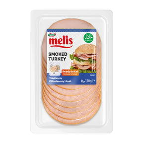 Packaged smoked turkey with Melis branding on a white background