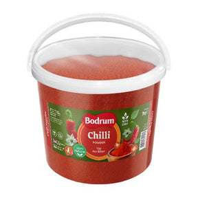 Red container of Bodrum Chilli Powder with a white lid on a white background