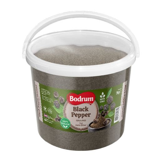 Bucket of Bodrum black pepper on a white background