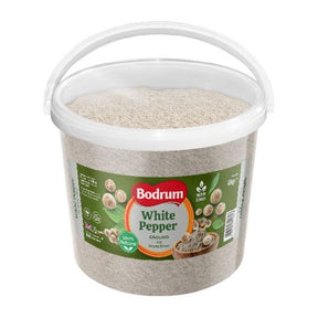 Bucket of Bodrum white pepper on a white background