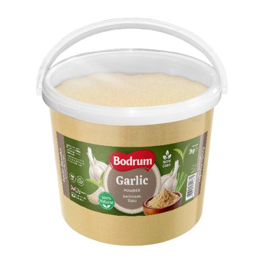 Bucket of Bodrum Garlic Powder on a white background