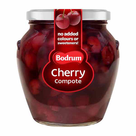 Jar of Bodrum Cherry Compote with a red label on a white background