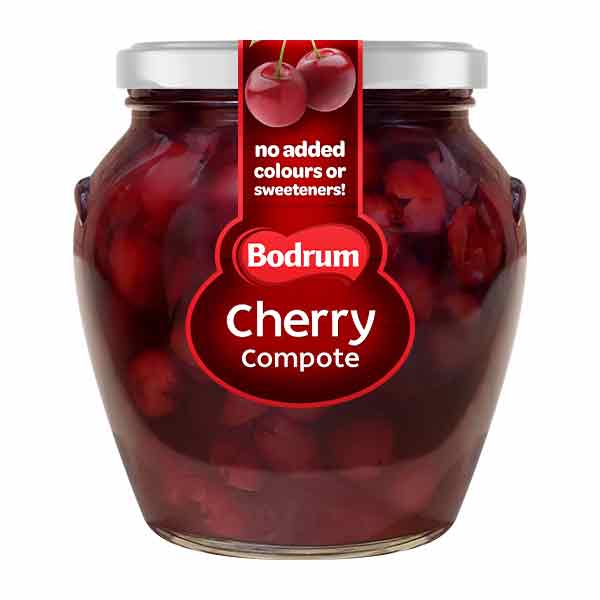 Jar of Bodrum Cherry Compote with a red label on a white background