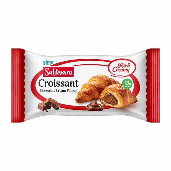 Packaged croissant with chocolate cream filling on a white background