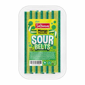 Pack of Sultanum Mango Flavoured Sour Belts on a white background