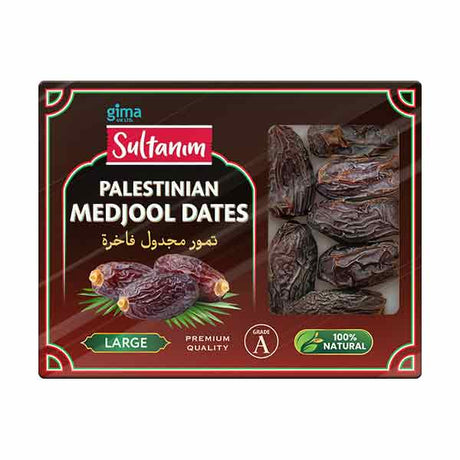 Box of Sultanim Palestinian Medjool Dates with a clear background