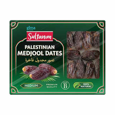 Sultanim Palestinian Medjool Dates packaging with green border and date image.