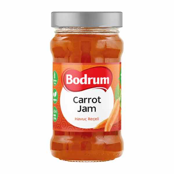 Jar of Bodrum Carrot Jam on a white background