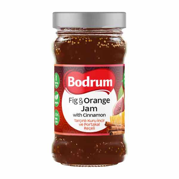Jar of Bodrum Fig & Orange Jam with Cinnamon on a white background