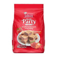 A red bag of Sultanum Deluxe Party Wafers, Strawberry Flavoured Cream Filling, featuring a photo of mini coated wafer cakes and strawberries on the front.