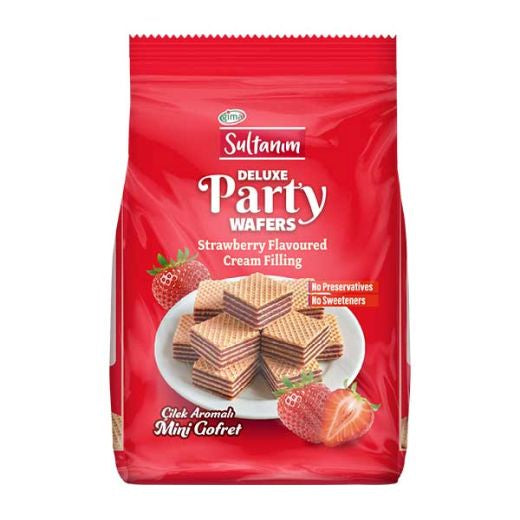 A red bag of Sultanum Deluxe Party Wafers, Strawberry Flavoured Cream Filling, featuring a photo of mini coated wafer cakes and strawberries on the front.