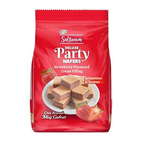A red bag of Sultanum Deluxe Party Wafers, Strawberry Flavoured Cream Filling, featuring a photo of mini coated wafer cakes and strawberries on the front.