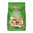 A green bag of Sultanm Deluxe Party Wafers Hazelnut Flavoured & Cocoa Cream Filling, featuring a photo of stacked wafers on a white plate with hazelnuts, set against a plain white background.