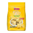 A yellow bag of Sultanum Deluxe Party Wafers, Lemon Flavoured Cream Filling, featuring an illustration of mini gofret wafers on a white plate with lemon slices.
