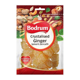 A package of Bodrum Crystalised Ginger sweets, showing the brand logo and the transparent lower section revealing the golden-yellow ginger pieces inside, set against a plain white background.