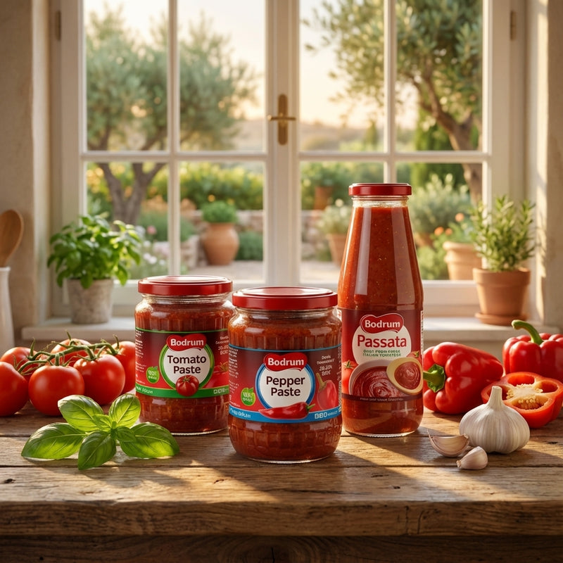 Jars of Bedrum tomato, pepper, and passata pastes on a wooden table with fresh ingredients.