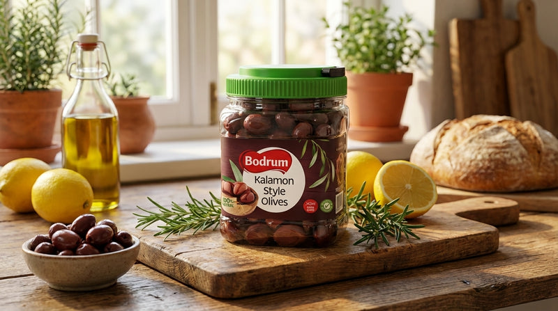 Jar of Bodrum Kalamon Style Olives on a wooden cutting board with lemons and bread in a kitchen setting.