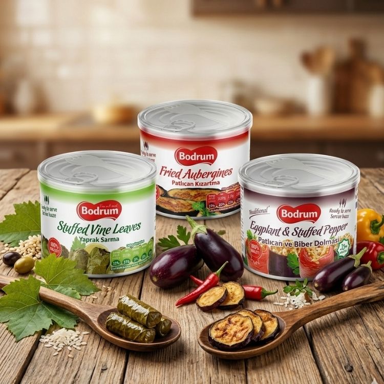 Three cans of Bodrum brand food products on a wooden surface with ingredients around them.