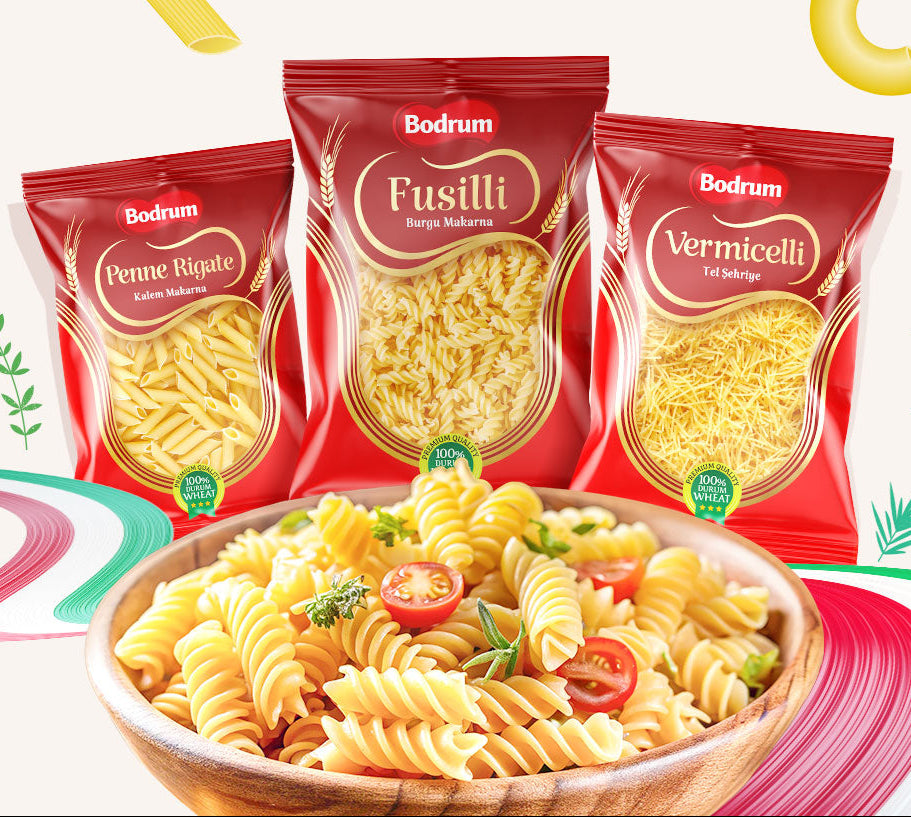 Pasta packages with a bowl of pasta and text about Italian Style Bodrum Pasta.