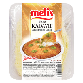 Packaged shredded fillo dough with Melis branding on a white background