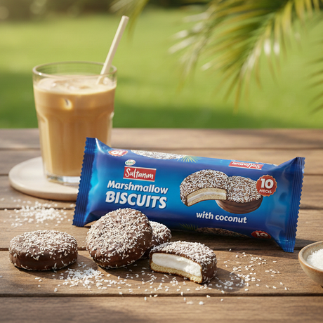Sultana marshmallow biscuits with coconut on a wooden table with a glass of iced coffee and palm leaves in the background.